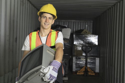 A young male waste removal worker wearing a yellow safety helmet, high-visibility vest with orange and yellow reflective stripes, and grey work gloves, is inside a grey industrial storage container or warehouse. He is holding a large, light grey electronic device, possibly a recycling or disposal unit, with both hands and is smiling at the camera. In the background, there are black plastic-wrapped stacks of waste materials or pallets, and a yellow pallet jack is partially visible against the container’s corrugated metal walls. The environment is lit with natural or ambient light, and the scene appears to be part of a rubbish removal or waste consolidation process. This setting reflects a professional waste management context relevant to commercial waste removal services in Fulham, with the location subtly implied by the environment and business context.